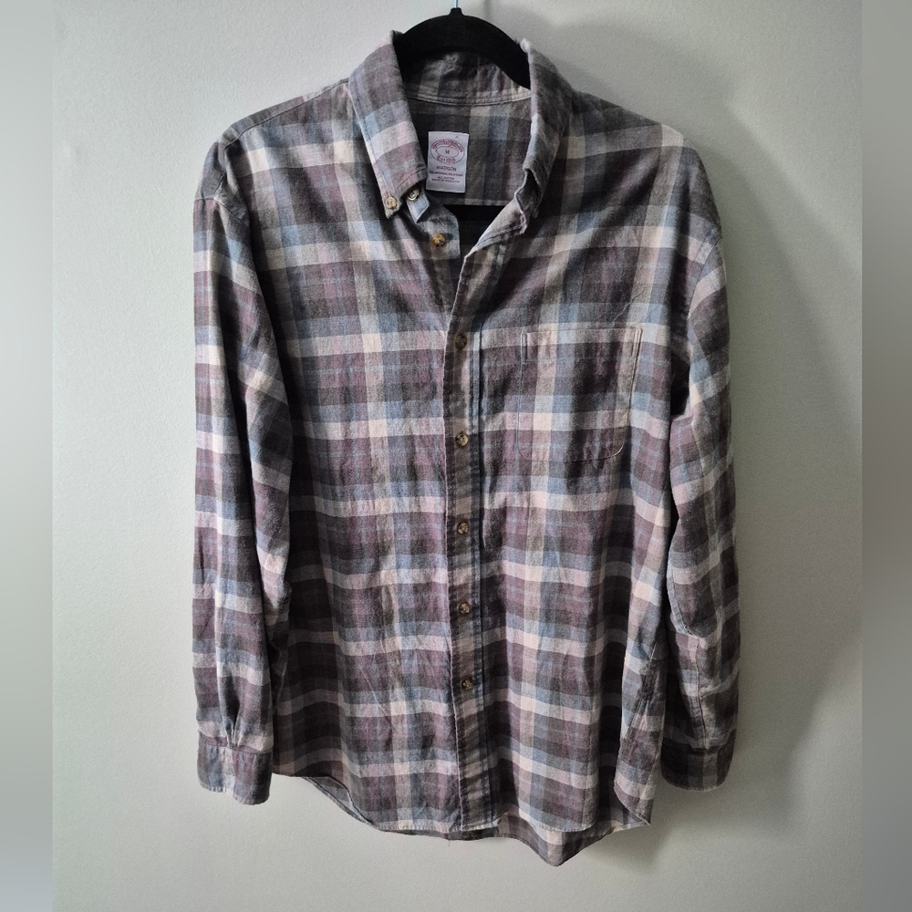 Brooks Brothers Madison Plaid Button Down Neutral Earth tones Medium M